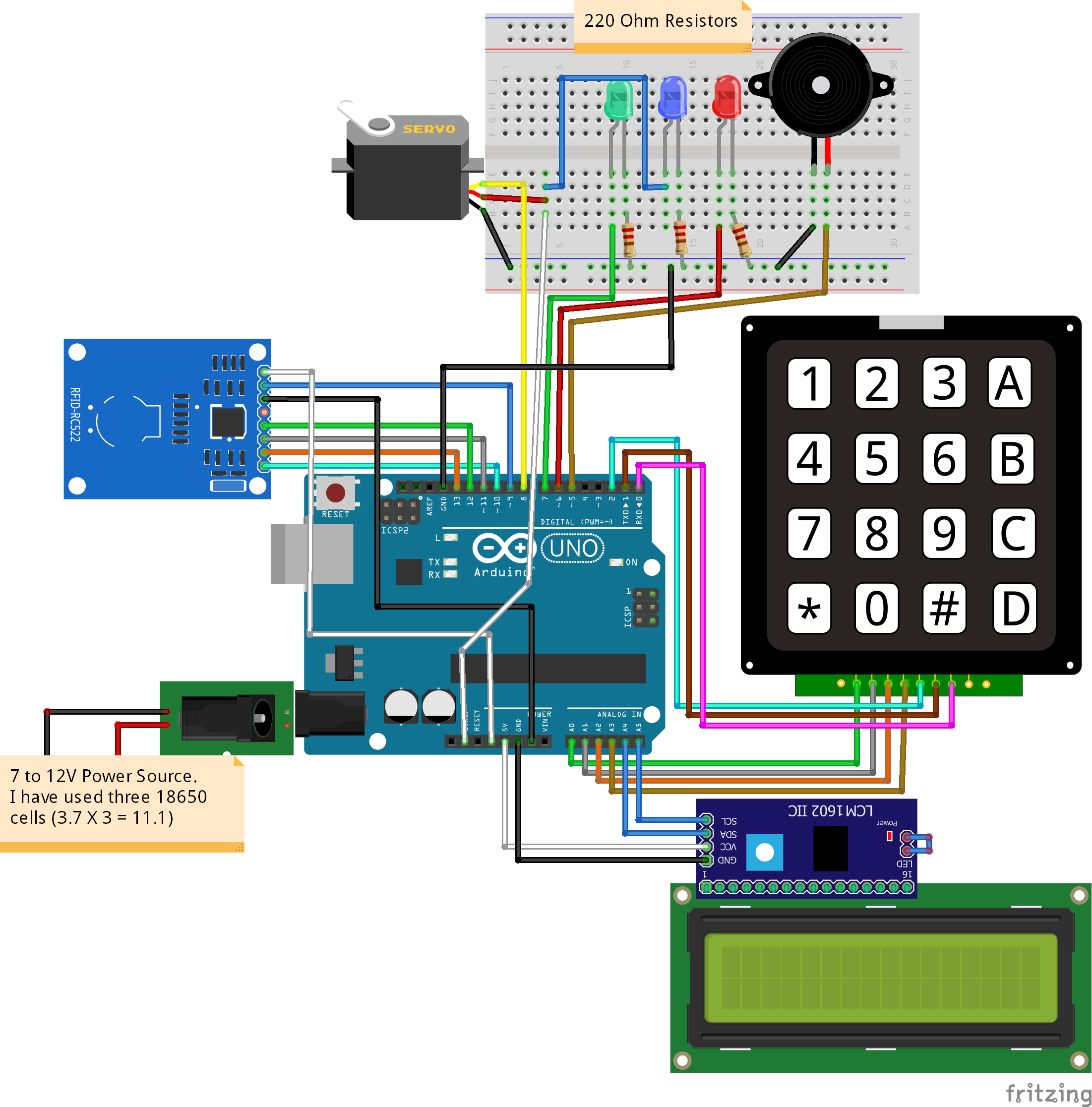 arduino rfid lock lcd led buzzer relay
